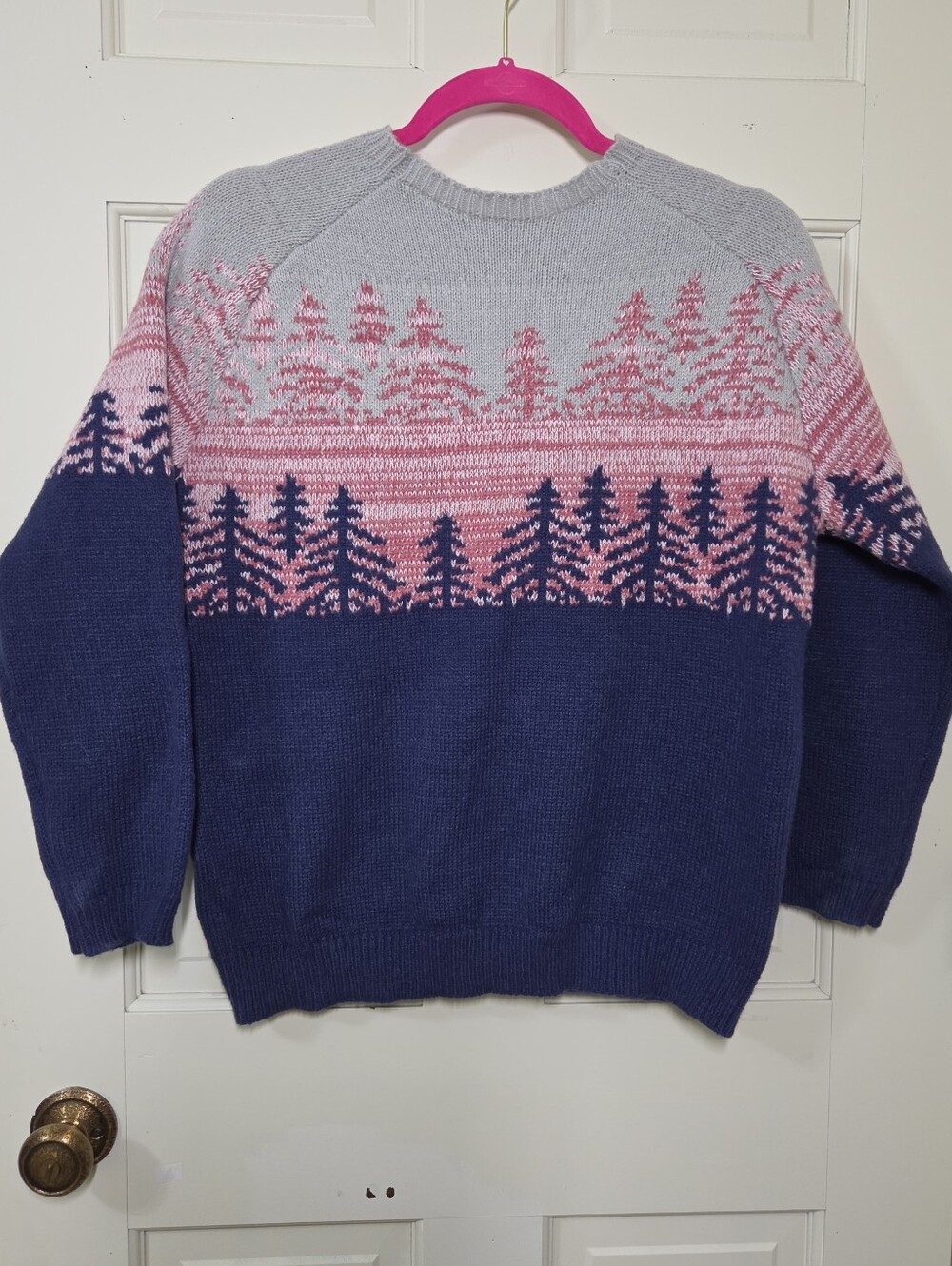 NWOT Navy and Pink Forest Tree Pattern Crewneck Sweater, Size M